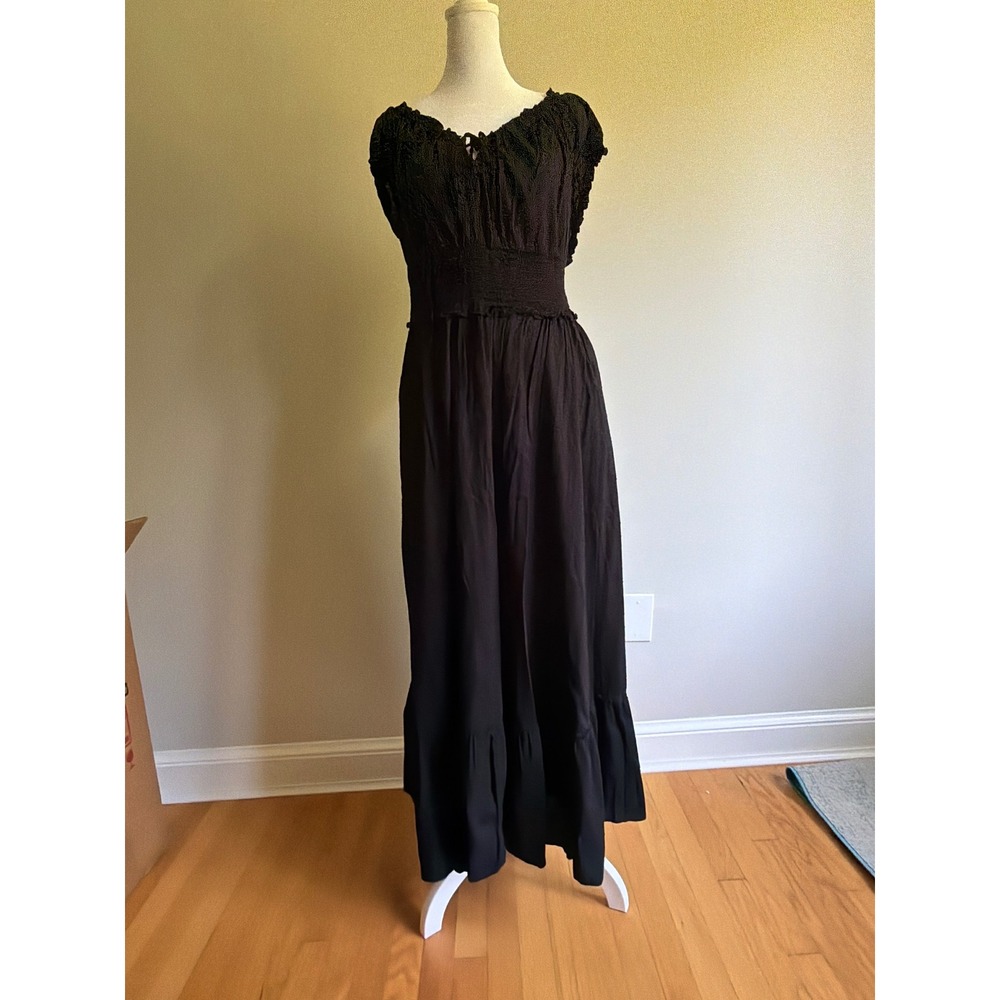 Old Navy Black Embroidered puff sleeve Tiered Maxi Dress peasant goth - Picture 9 of 10
